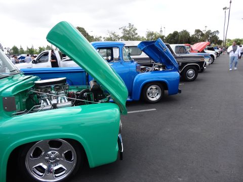 1994 Ford Bronco - A row of vintage pickup trucks are displayed with their engines exposed, suggesting a car show or meet-up.
