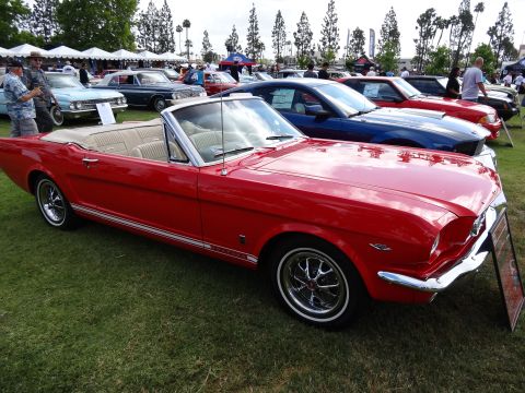 1994 Ford Bronco - A bright red 1965 Ford Mustang convertible is displayed at an outdoor car show.