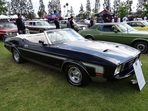 1994 Ford Bronco - Black 1971 Ford Mustang convertible displayed at an outdoor car show with other vehicles present.