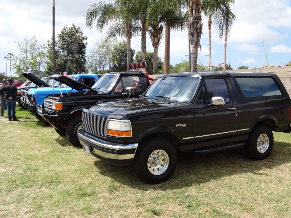 Black 1994 Ford Bronco parked in a line with other trucks, some with hoods up
