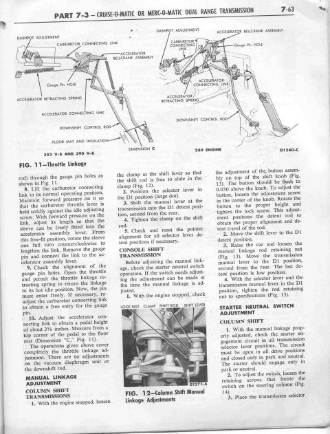 1964 Mercury Monterey - Technical diagrams illustrate the adjustment procedures for vehicle transmission linkage systems.