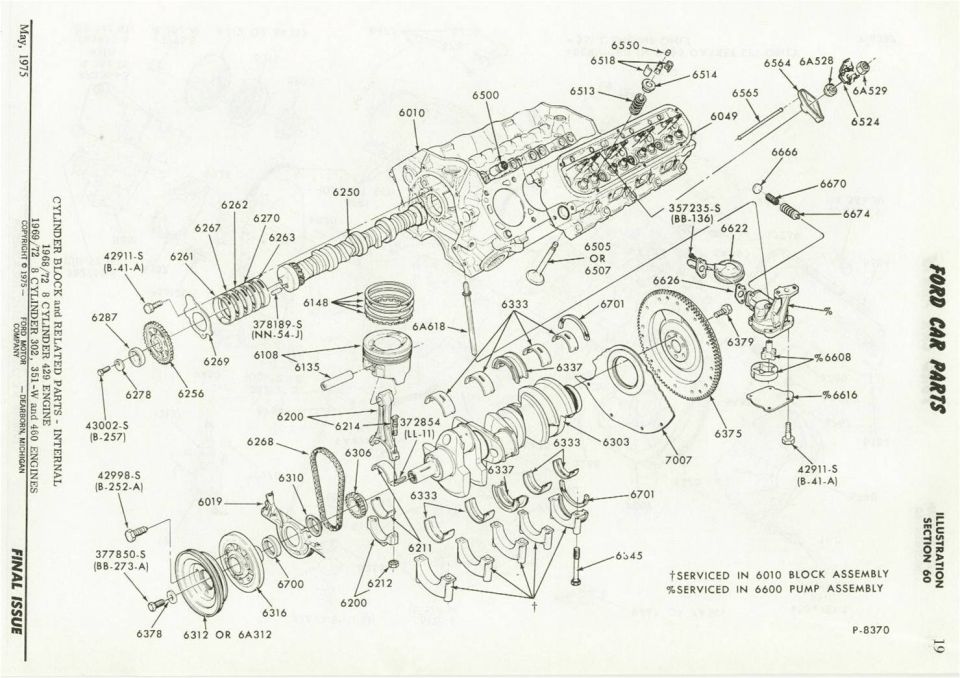 Ford engine cylinder block and internal parts exploded illustration with crankshaft