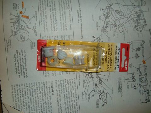 1988 Ford Bronco - A HELP! brand pedal and shift linkage bushing kit is shown laid over technical diagrams.