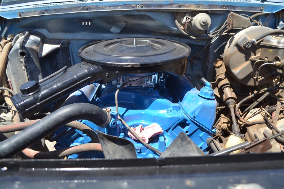 1981 Ford F-250 engine bay, blue painted engine block, air cleaner, radiator hoses, and brake booster visible