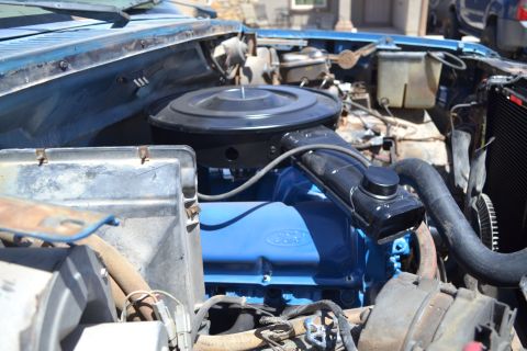 1981 Ford F-250 - The engine bay of a blue 1981 Ford F-250 shows a black air cleaner and blue valve covers.