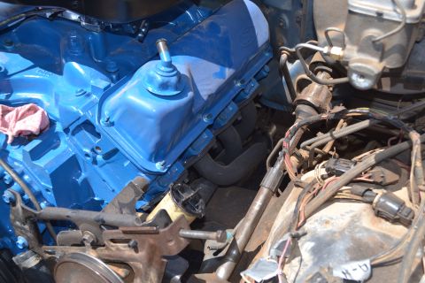 1981 Ford F-250 - Engine bay detail showing a blue Ford V8 engine with visible exhaust and wiring harnesses.