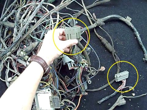 1978 Ford Bronco - Close-up of a complex automotive wiring harness with connectors highlighted.