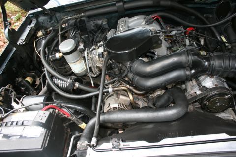 1994 Ford Bronco - The engine bay of a vehicle, the V8 engine, various hoses, and the battery. The registry claims it is a 1994 Ford Bronco.