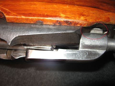 1980 Ford Bronco - PROBLEM! Sear face rests here; doesn't drop into pocket enough now.