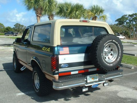 1994 Ford Bronco - Rear view of a Ford Bronco showing its spare tire and distinctive two-tone paint scheme.
