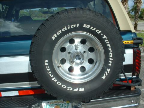 1994 Ford Bronco - The spare tire is mounted on the rear of a teal SUV, with a tan top.