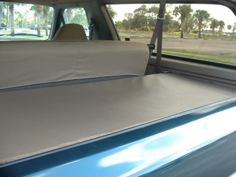 1994 Ford Bronco - The interior of a blue SUV shows a tan cargo cover and rear seat, with a view of trees and parked cars outside.