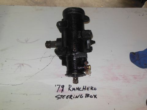 1979 Ford Ranchero - A black steering box is shown with a handwritten label indicating it is for a '79 Ranchero.