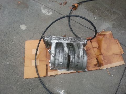 1994 Ford Bronco - An aluminum intake manifold with a black hose is placed on cardboard on a concrete surface.