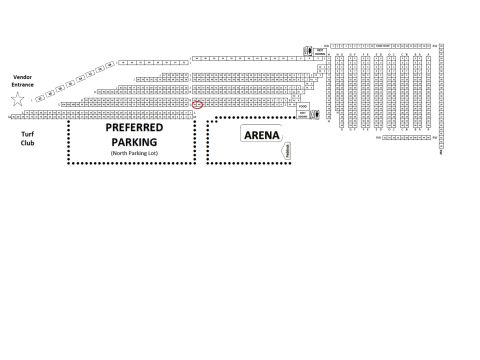1973 Ford Ranchero - Venue layout map showing preferred parking, vendor entrance, turf club and arena seating, not a vehicle document.