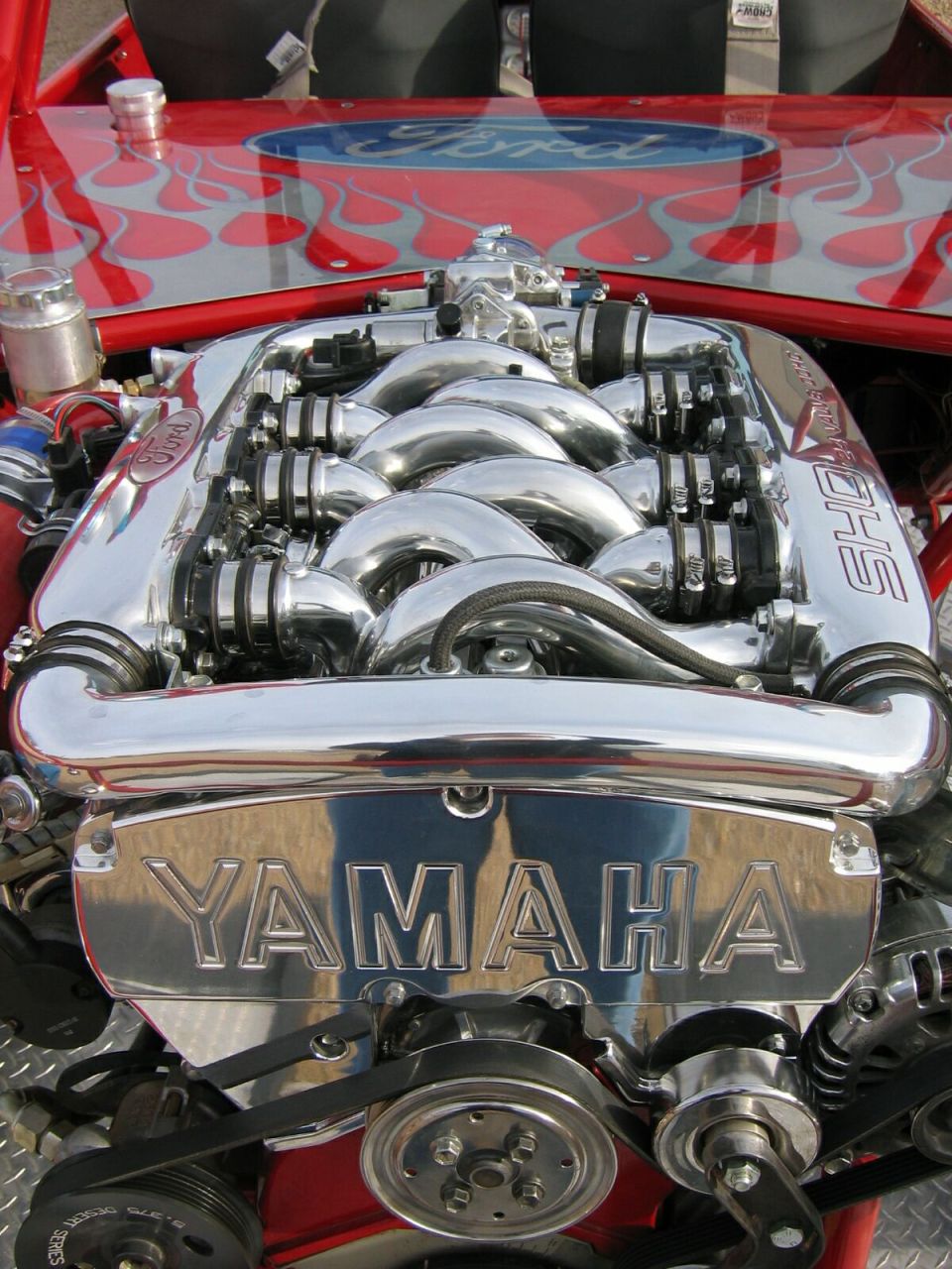 Yamaha SHO engine with chrome intake runners and Ford branding on the intake manifold