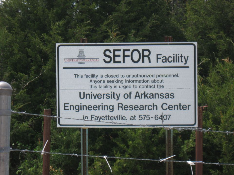 Sign for SEFOR Facility, University of Arkansas Engineering Research Center in Fayetteville