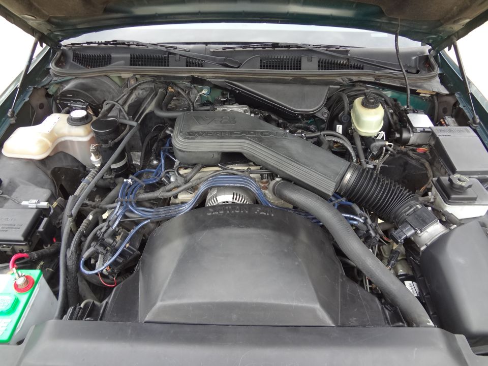 engine bay with V8 air intake and wiring