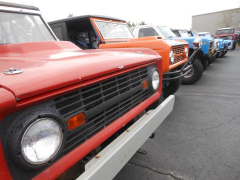 1995 Ford Bronco - A row of Ford Broncos, including a red one in the foreground, are lined up for display.