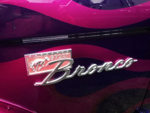 1995 Ford Bronco - The chrome 'Bronco' script and 'Sport' badge with a horse emblem are visible on the vehicle's body.