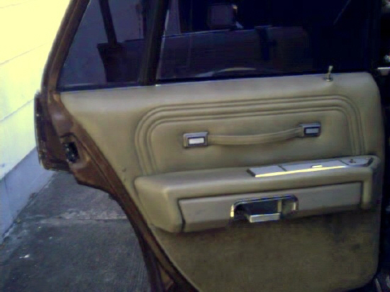 car's tan interior door panel with chrome accents and a pull handle