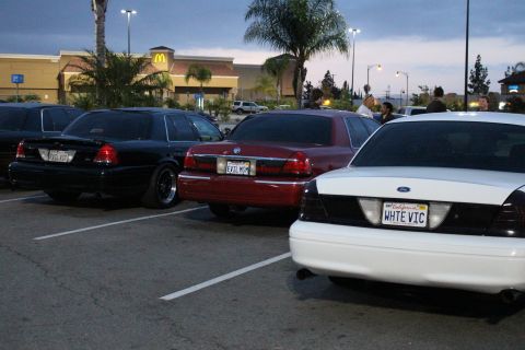 2003 Ford Crown Victoria - white Ford with a WHTE VIC vanity plate parks beside a maroon Mercury and a black Crown Victoria at a dusk meet near a McDonald's.