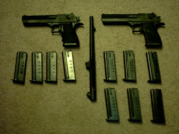 Two handguns and eight magazines laid out on a carpeted surface