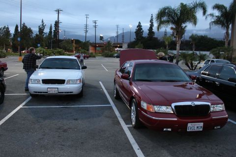 2003 Ford Crown Victoria - white Ford and a maroon Mercury bearing an EVIL MOM vanity plate park in a strip-mall lot at dusk near palm trees.