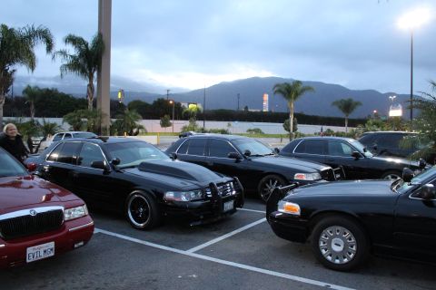 2003 Ford Crown Victoria - cluster of black Ford Crown Victorias and a maroon Mercury with an EVIL MOM plate park together at a dusk car meet.