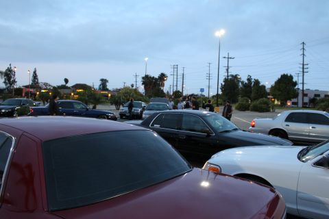 2003 Ford Crown Victoria - roofs of maroon, black and white full-size sedans fill the foreground as people gather across a parking lot at twilight.