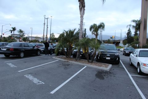 2003 Ford Crown Victoria - black Ford Explorer SUV and several other cars are parked around a landscaped planter in a lot at dusk.