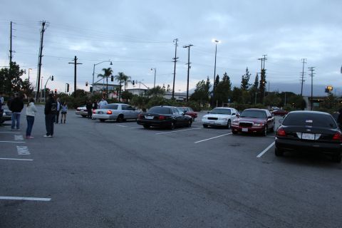 2003 Ford Crown Victoria - People stand at the edge of a parking lot beside a line of dark and light full-size sedans at dusk near a traffic light.