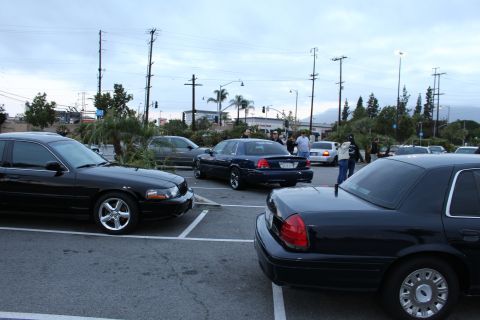 2003 Ford Crown Victoria - Several dark full-size sedans are parked in a lot at dusk while a few people gather near the cars under a cloudy sky.
