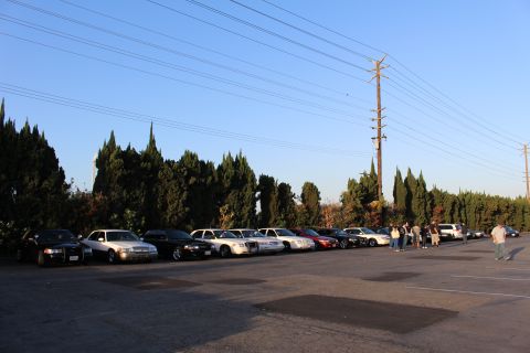 2003 Ford Crown Victoria - row of parked black and white sedans stretches along trees, with people gathered at the far right.