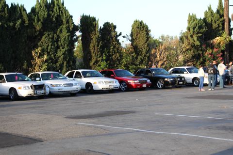 2003 Ford Crown Victoria - tight row of full-size sedans in white, black and red parks nose-out along trees, with people at right.