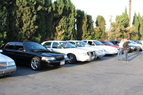 2003 Ford Crown Victoria - black sedan on chrome wheels leads a row of white and red sedans parked along trees, people at right.