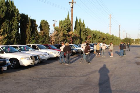 2003 Ford Crown Victoria - People stand and chat in a parking lot beside a row of parked white and red sedans along trees at golden hour.