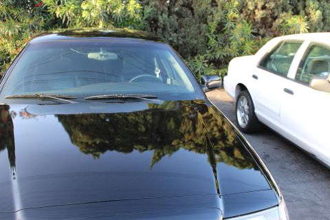 2003 Ford Crown Victoria - Close-up of the windshield, wipers and reflective hood of a dark sedan, with a white full-size sedan parked alongside under greenery.