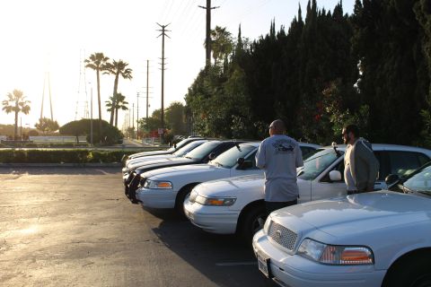 2003 Ford Crown Victoria - lineup of white full-size sedans, one fitted with a black push bumper, with two men standing alongside in low evening sunlight.