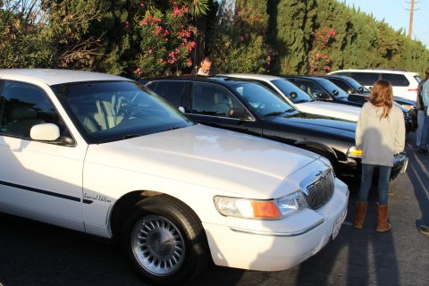 2003 Ford Crown Victoria - white Mercury sedan badged Special Edition parked nose-out with a woman standing alongside a row of dark sedans under flowering shrubs.