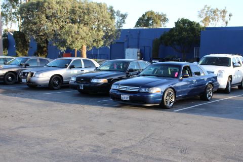 2003 Ford Crown Victoria - line of Ford Crown Victoria sedans, including a custom dark blue one and black police-style units, parked along a blue building.