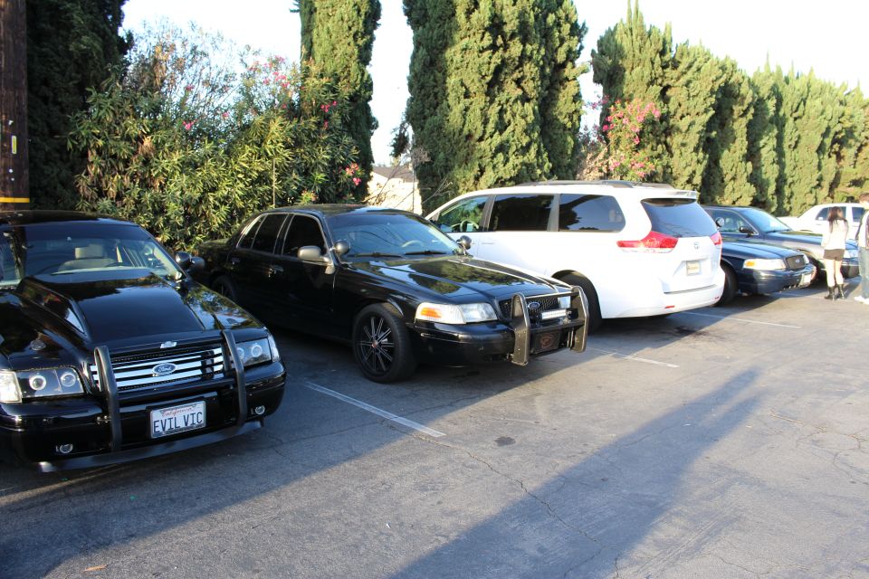 Black Ford sedans parked beside a white minivan along a hedge