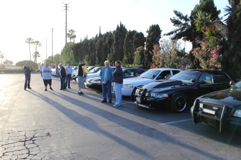 2003 Ford Crown Victoria - group of people stand along a row of parked sedans, including black cars with brush guards, in a sunlit lot.