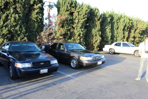 2003 Ford Crown Victoria - Two dark Ford sedans sit parked side by side with a white sedan and tall evergreens behind them.