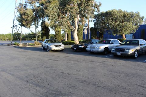 2003 Ford Crown Victoria - Silver, black, and white Ford sedans park in a row near a blue building and large eucalyptus trees.