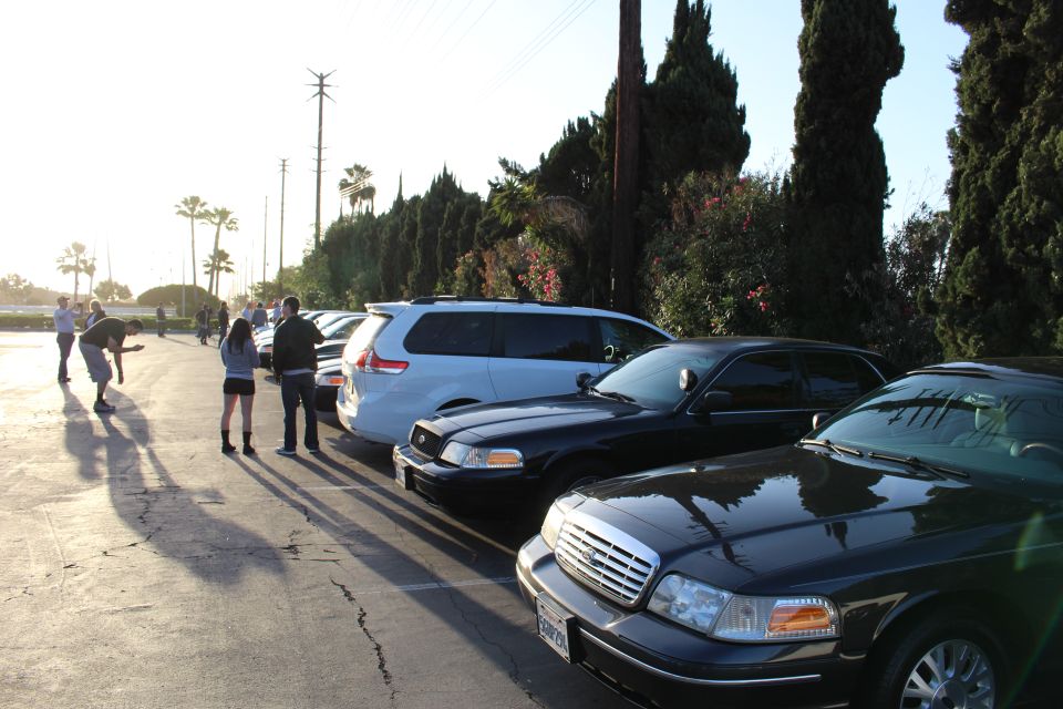 Black Ford sedans and a minivan parked along a hedge, people nearby