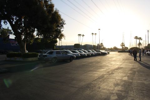 2003 Ford Crown Victoria - silver sedan leads a long row of parked cars in a paved lot, a big tree at left and the sun low behind palm trees.