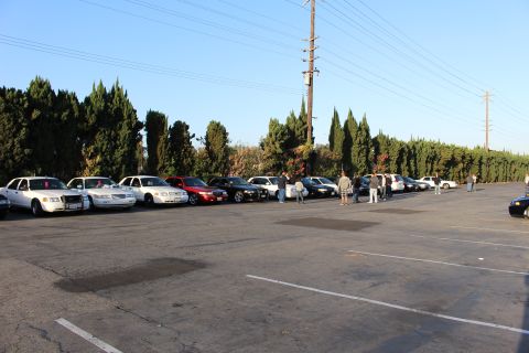 2003 Ford Crown Victoria - long row of parked full-size sedans in white, red and black, with people standing alongside near overhead power lines.