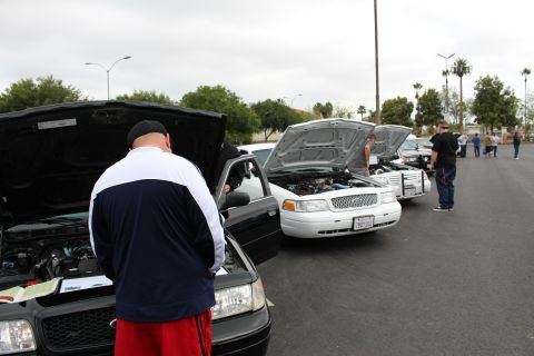 2003 Ford Crown Victoria - People gather around white and black sedans with hoods raised at a parking lot car meet, one man in a white jacket inspecting up close.