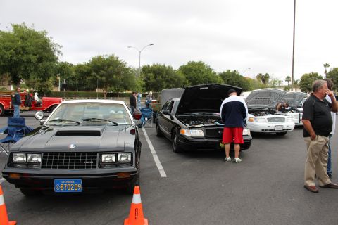 2003 Ford Crown Victoria - black Ford Mustang sits in the foreground beside a row of sedans with open hoods at a parking lot car meet, orange cones marked CHP.
